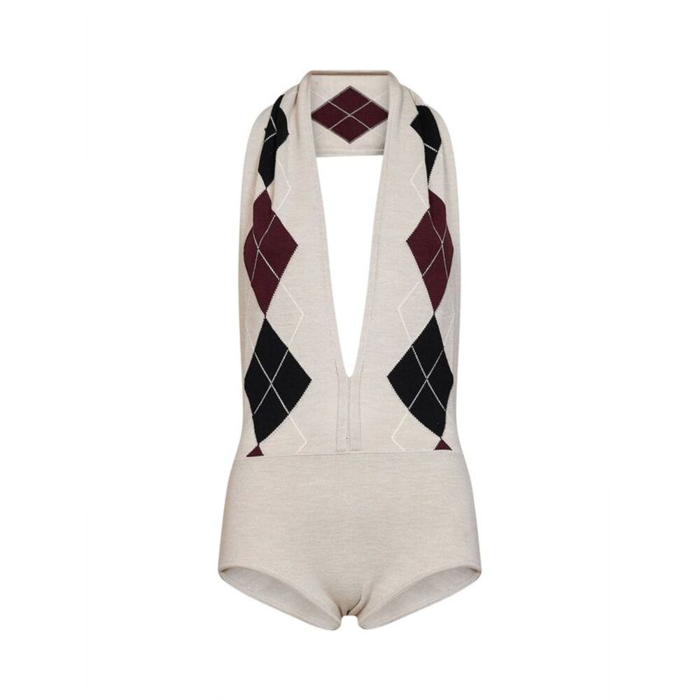 Mugler Women Beige Argyle-Pattern Virgin Wool Knit Bodysuit